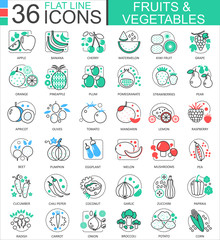 Vector Fruits and vegetables flat line outline icons for apps and web design. Fruits and vegetable food icon.