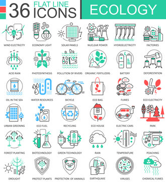 Vector Ecology flat line outline icons for apps and web design. Ecology technology icon.