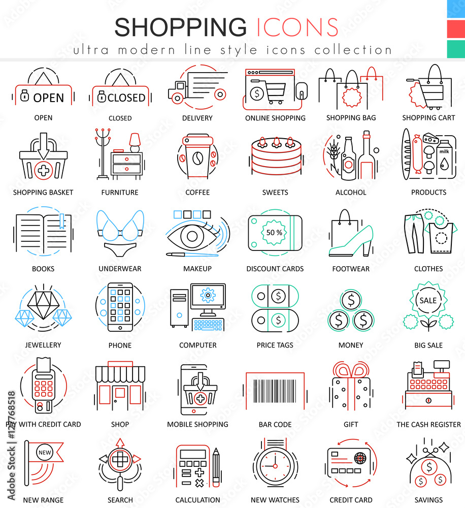 Poster Vector Shopping e-commerce color line outline icons for apps and web design. Shopping mall commerce icons.