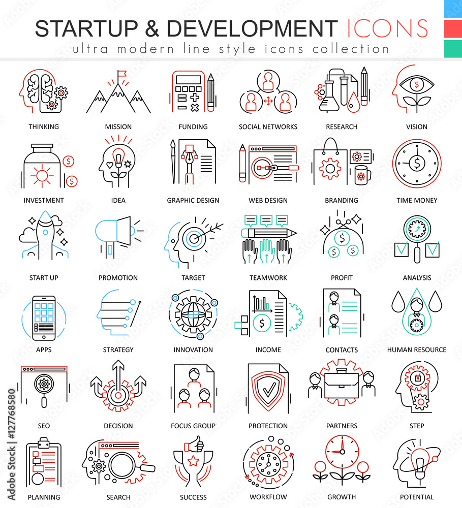 Poster Vector Startup and development color line outline icons for apps and web design. Startup business icons.
