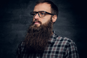 A bearded male in sunglasses dressed in a plaid shirt.