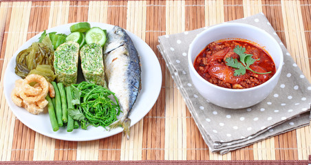 Spicy meat and tomato dip,Nam Prik Ong,with side dish