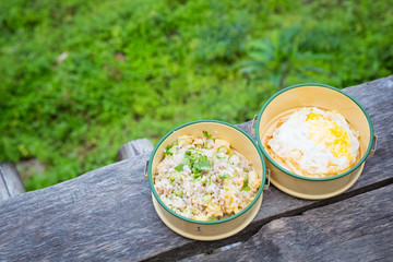 fried rice in food carrier at farmhouse balcony in field