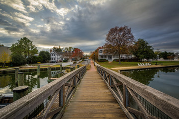 Bridge and houses in along the harbor, in St. Michaels, Maryland