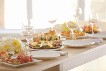 Table setting for holiday buffet, close up view