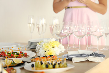 Table setting for holiday buffet, close up view