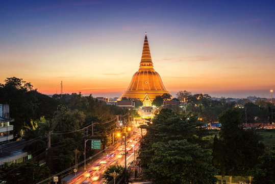 Golden pagoda Phra Pathom Chedi sunset of Nakhon Pathom province, Asia, Thailand