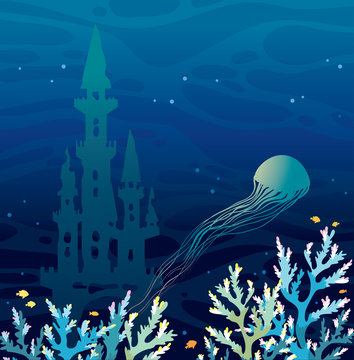 Coral reef, jellifish and castle. Underwater seascape.