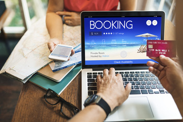 Booking Ticket Online Reservation Travel Flight Concept - obrazy, fototapety, plakaty