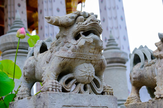 Detail of  Lion Stone statue for Thai-Chinese style  and thai art architecture in Wat Arun buddhist temple in Bangkok, Thailand.Photo taken on: 21 November , 2016