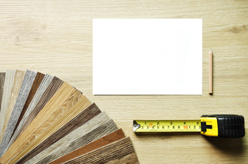Laminate - Set of samples of floorboard with measuring tape and pencil