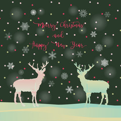 Merry Christmas and Happy New Year reindeer card with light pink and green colors and snowflake, snowfall and green background for Christmas Holiday, celebrate Christmas season and Happy New Year.