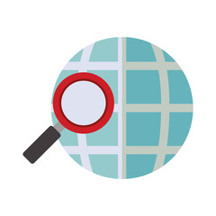 blue sphere map with magnifying glass vector illustration