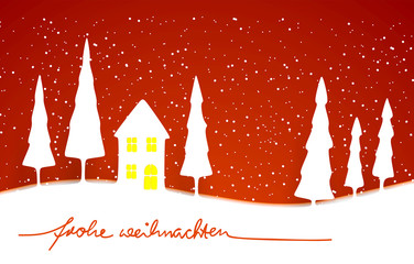Verträumte Winter-Schnee-Landschaft mit dem handgeschriebenen Schriftzug - Frohe Weihnachten winterliche weihnachtliche Karte mit Tannenbäumen, Haus und Schnee  - gemalt Vektor Schneegestöber