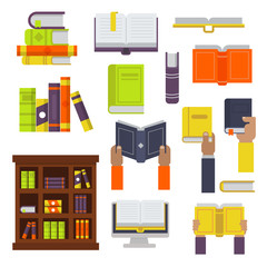 Books vector icons set, hands holding books. Vector flat illustration.