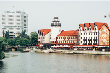 Kaliningrad cityscape. Сentral promenade. Lighthouse. View from a distance.