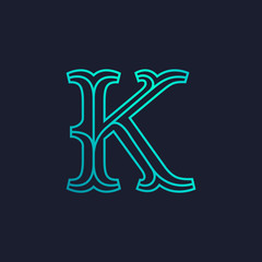 K letter logo. Mono line Slab serif retro type.