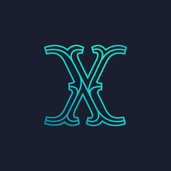 X letter logo. Mono line Slab serif retro type.