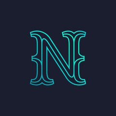 N letter logo. Mono line Slab serif retro type.