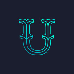 U letter logo. Mono line Slab serif retro type.
