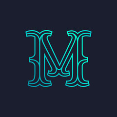 M letter logo. Mono line Slab serif retro type.