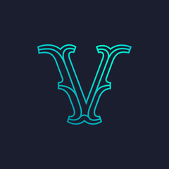 V letter logo. Mono line Slab serif retro type.