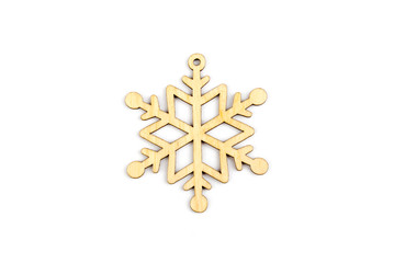 Winter,Christmas, New Year wooden decoration - snowflake, star. Isolated on white background. Top view. Closeup.