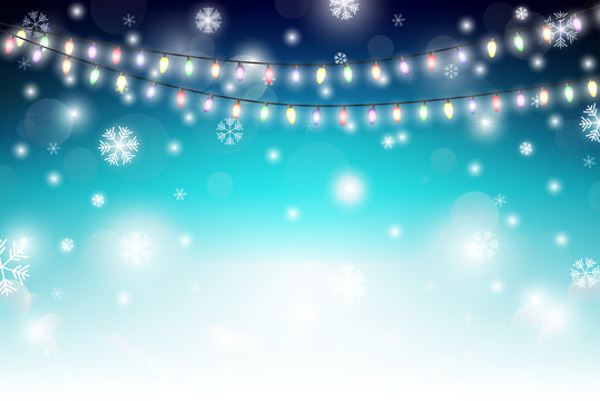 Winter background with snowflakes and light decoration. Vector illustration. Christmas background.
