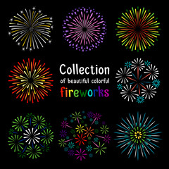 Colorful fireworks collection on black background. Fireworks set vector illustration