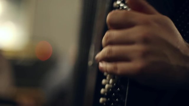 Musician plays the accordion in the club, fur accordion expand and shrink
