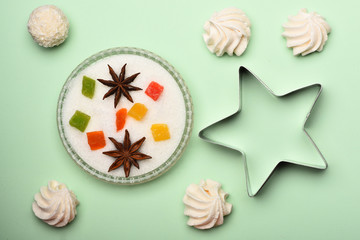 Sweets on light green background