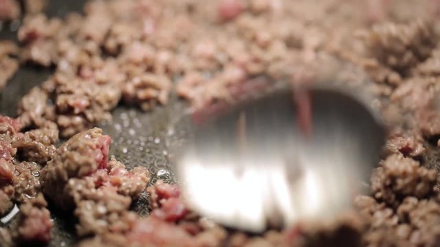 Minced meat being mixed in a pan
