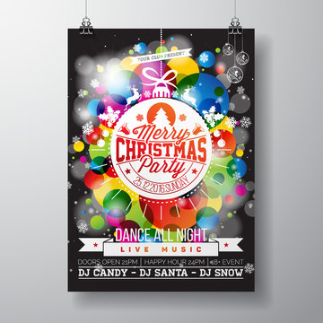 Merry Christmas Party illustration with holiday typography designs in abstract glass ball on shiny color background.