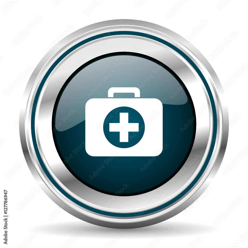 Poster First aid vector icon. Chrome border round web button. Silver metallic pushbutton.