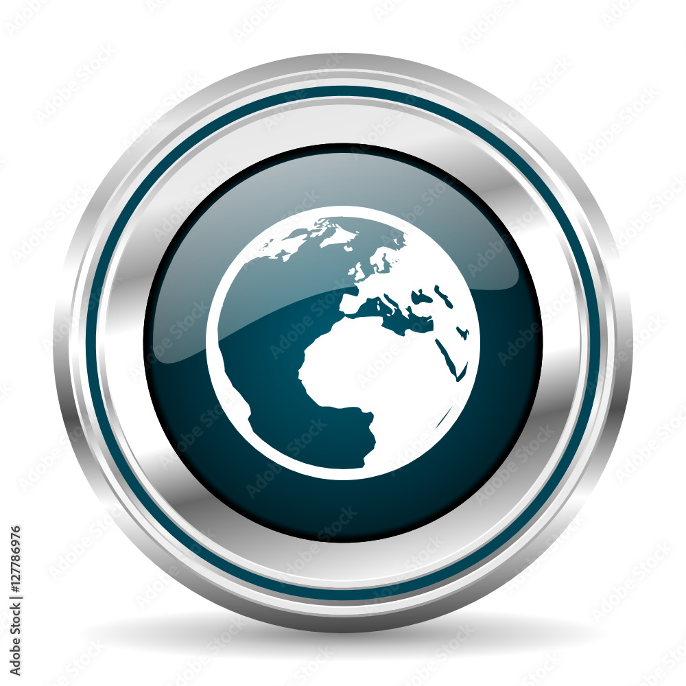 Poster Earth vector icon. Chrome border round web button. Silver metallic pushbutton.