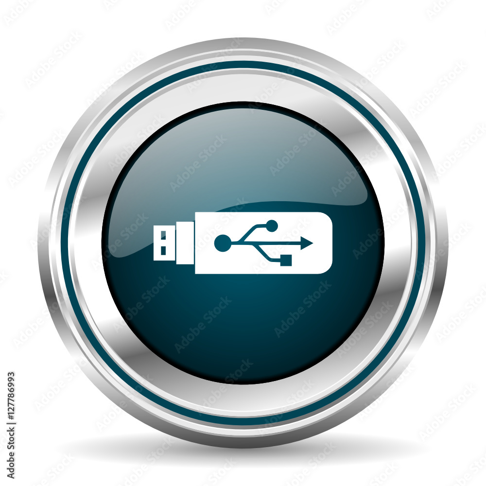 Fototapete Flash drive vector icon. Chrome border round web button. Silver metallic pushbutton.