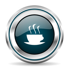 Coffee cup vector icon. Chrome border round web button. Silver metallic pushbutton.