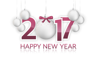 Happy New Year 2017 banner with hanging bauble and bow.