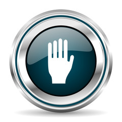 Obraz premium Hand vector icon. Chrome border round web button. Silver metallic pushbutton.