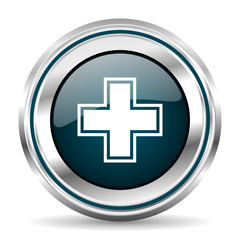 Obraz premium Medicine vector icon. Chrome border round web button. Silver metallic pushbutton.