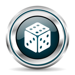 Dice vector icon. Chrome border round web button. Silver metallic pushbutton.