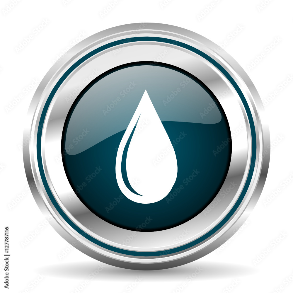 Poster Water drop vector icon. Chrome border round web button. Silver metallic pushbutton.