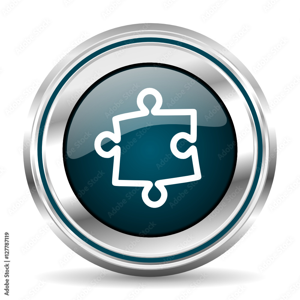Poster Puzzle vector icon. Chrome border round web button. Silver metallic pushbutton.