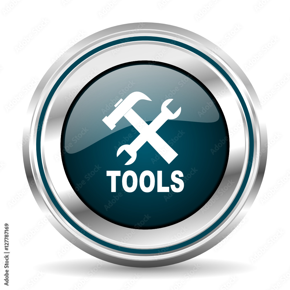 Aufkleber Tools vector icon. Chrome border round web button. Silver metallic pushbutton.