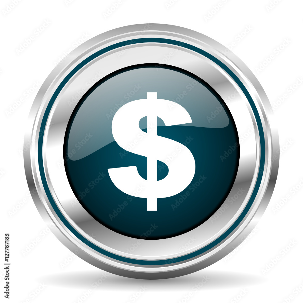 Poster Us Dollar vector icon. Chrome border round web button. Silver metallic pushbutton.