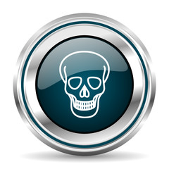 Skull vector icon. Chrome border round web button. Silver metallic pushbutton.