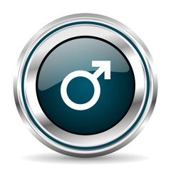 Male gender vector icon. Chrome border round web button. Silver metallic pushbutton.