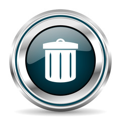 Trash can vector icon. Chrome border round web button. Silver metallic pushbutton.
