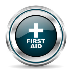 Obraz premium First aid vector icon. Chrome border round web button. Silver metallic pushbutton.