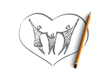 Vector hand drawn family heart concept sketch with pencil over it. Father, mother and child holding each other with raised hands in heart